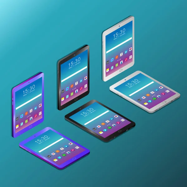 Digitale Tablets mit Arbeitsbildschirmen in Isometrie — Stockvektor