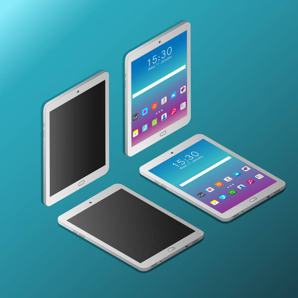 Realistic white digital tablet in isometry