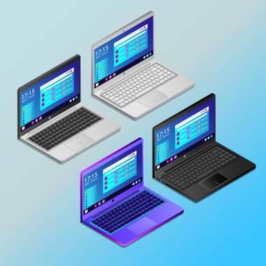 İsometry çalışma ekranları ile renkli gerçekçi dizüstü bilgisayarlar