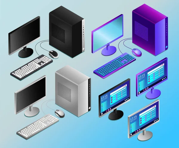Vektör çizim isometry boş ve çalışma ekranları ile gerçekçi masaüstü pc