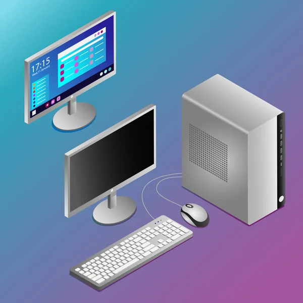 Illustrazione Vettoriale Desktop Bianco Realistico Isometria Con Schermo Vuoto Funzionante — Vettoriale Stock