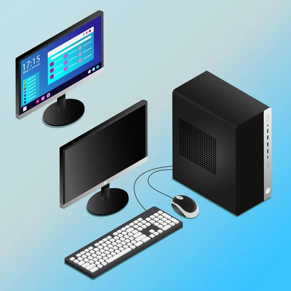 Vector illustration of a realistic black desktop pc in isometry with empty and working screen