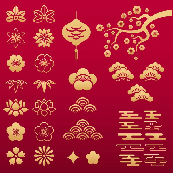 Asya çiçek desenleri ve süslemeleri. Geleneksel Japon ve Çin altın desenleri: sakura, nilüfer, şakayık ve kasımpatı çiçekleri, bambu yaprakları ve fener, dalgalar ve bulutlar.