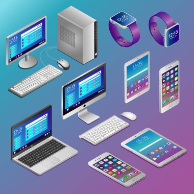 İsometry gerçekçi dijital cihazlar. Bilgisayarlar ve mavi arka plan üzerinde çeşitli dijital aygıtları.