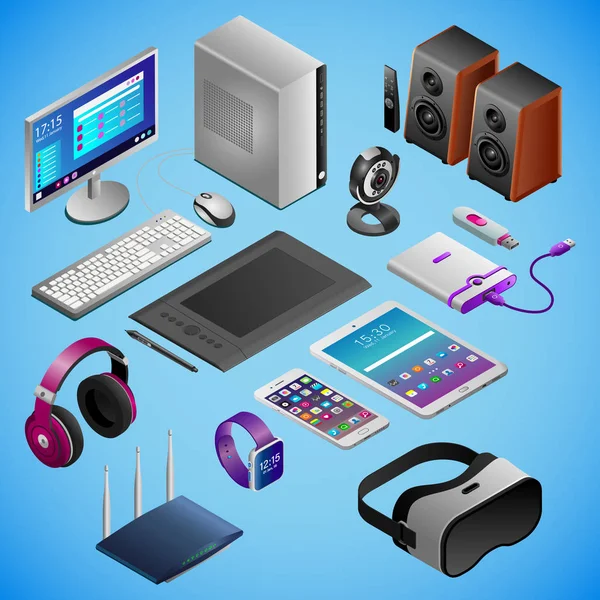 PC desktop e gadget digitali in isometria — Vettoriale Stock