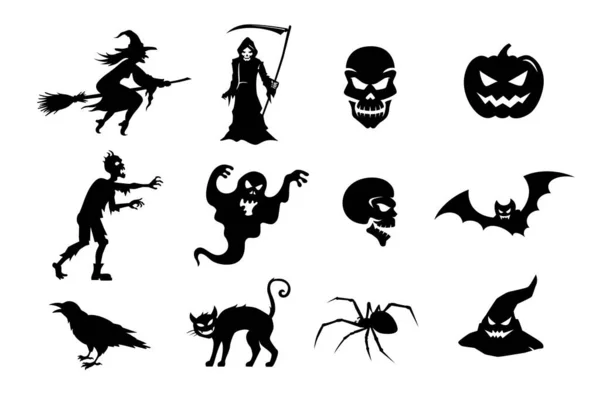 Schwarze Silhouetten von Monstern und Kreaturen zu Halloween im Vektorset — Stockvektor