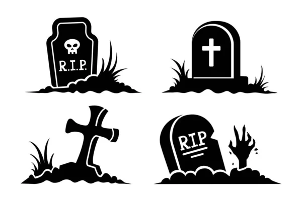 Черные силуэты и иконы могил на Хэллоуин — стоковый вектор