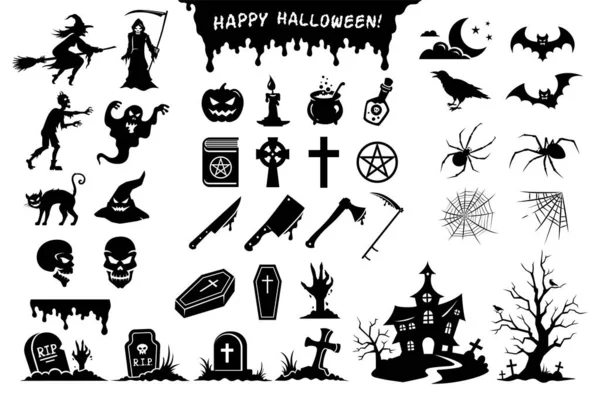 Svarta silhuetter av monster, varelser och element för Halloween — Stock vektor
