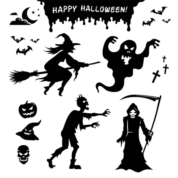 Černé siluety příšer a tvorů na Halloween — Stockový vektor