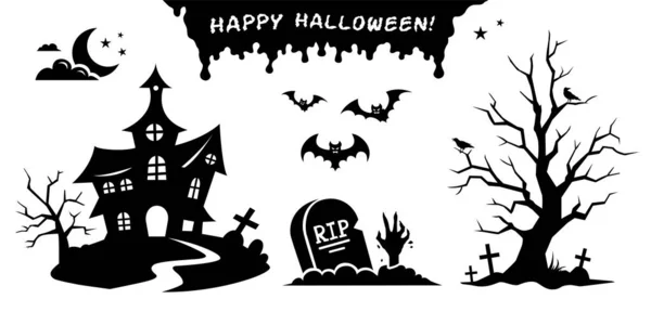 Halloween black silhouettes of decorations in vector set — Stock Vector