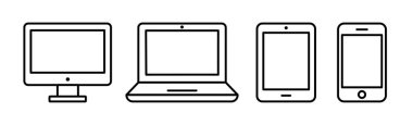 Dijital teknoloji çizgisi simgeleri ayarlandı. Vektör hattı sanatı. Laptop, bilgisayar monitörü, tablet ve akıllı telefon simgeleri.