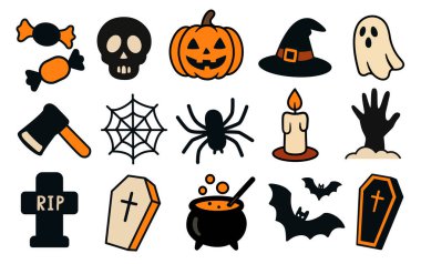 Cadılar Bayramı örnekleri seti. Çizgi film koleksiyonu. Cadılar Bayramı için eşyalar. Simgeler ve semboller