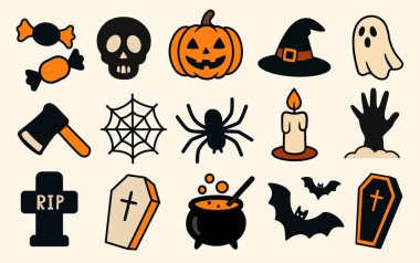 Cadılar Bayramı örnekleri seti. Vektör Clipart koleksiyonu. Cadılar Bayramı için karikatür parçaları. Simgeler ve semboller