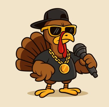 Hindi rapçisi çizgi film karakteri. Şükran Günü için vektör illüstrasyonu. Gözlüklü ve şapkalı soğuk hindi kuşu.