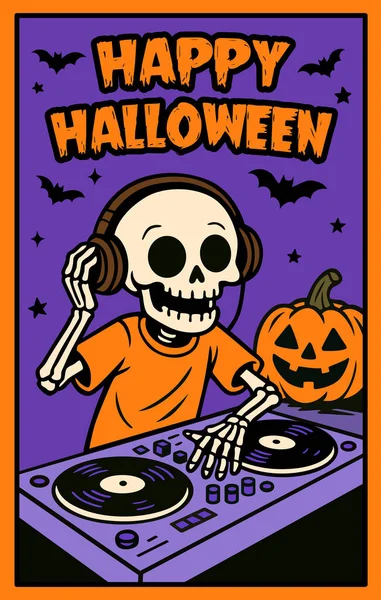 İskelet DJ çizgi film karakteri olan Cadılar Bayramı partisi posteri. Vektör çizimi. Komik Cadılar Bayramı tebrik kartı