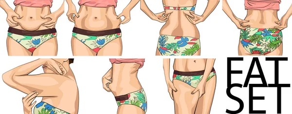 Kadınlar fat belly ile ayarlayın. Kız her iki el ile göbek kat kıskaç. Ona şişko vücudunda dokunmadan eller. Şişman bir bel, eller, bacaklar kadınlarla. Vücudu dokunmadan eller