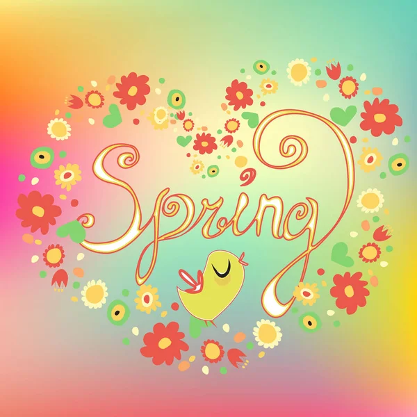 Tavaszi Felirat Fürtök Madár Virág Keret Központjában Különböző Színű Háttér — Stock Vector