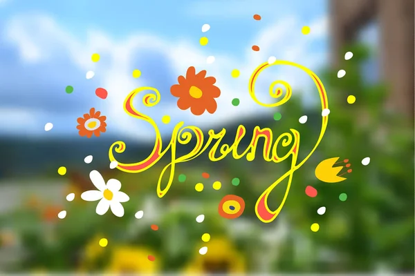 Iscrizione Primavera Con Diversi Fiori Sfondo Sfocato Del Paesaggio — Vettoriale Stock