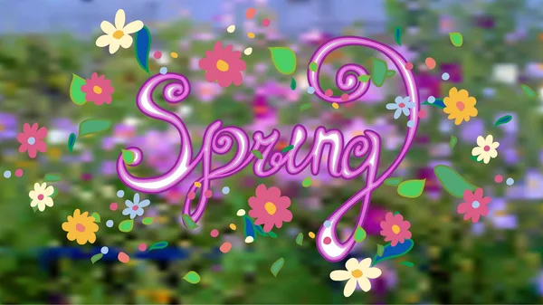 Spring Inscription Curls Different Flowers Blurred Natural Background — Stock Vector