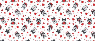 Beyaz zemin üzerine kırmızı kalpler ile küçük Alaskan Malamute köpekler ile desen.
