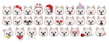 Farklı duygular ve farklı nesnelerle Eskimo köpek veya Spitz başkanları büyük set.