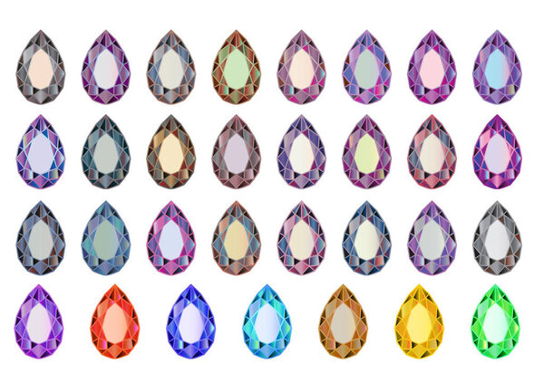 set of colored gemstones, pear shaped cut diamonds on white