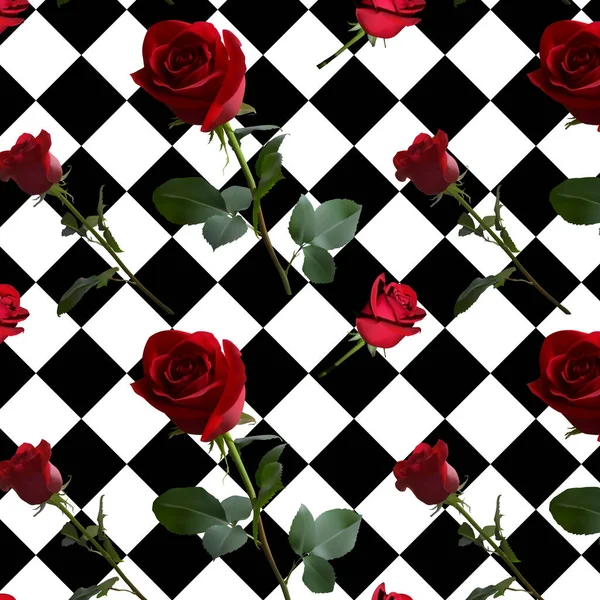 红玫瑰与绿叶和长茎在黑白棋纹背景下的花纹 — 图库矢量图片