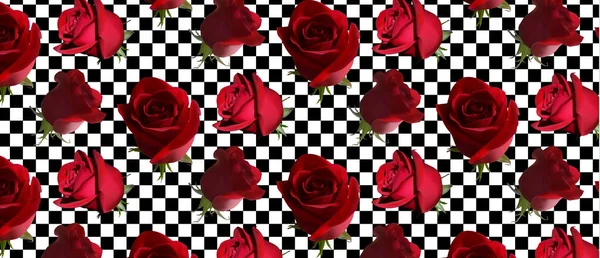 黒と白のチェス パターンの背景の緑の葉と赤いバラのパターン — ストックベクタ