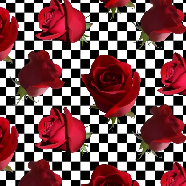 黑白棋纹背景下红玫瑰与绿叶图案 — 图库矢量图片
