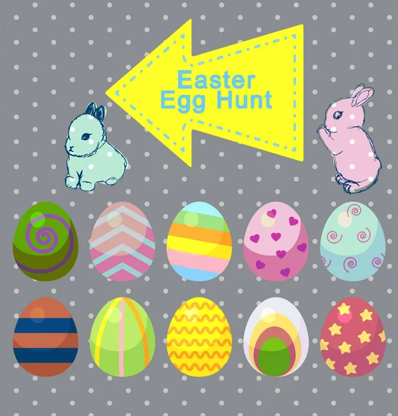 一套卡通可爱的兔子复活节彩蛋和黄色箭头 — 图库矢量图片