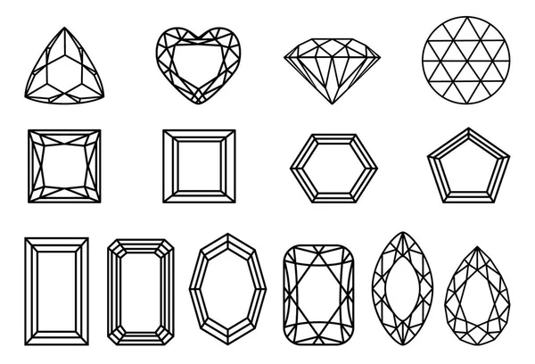 Conjunto Diamantes Piedras Preciosas Diferentes Formas Corte Dibujo Lineal — Vector de stock