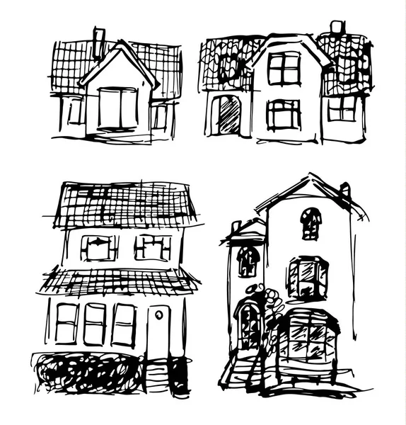 Ensemble Croquis Maisons Noir Blanc — Image vectorielle