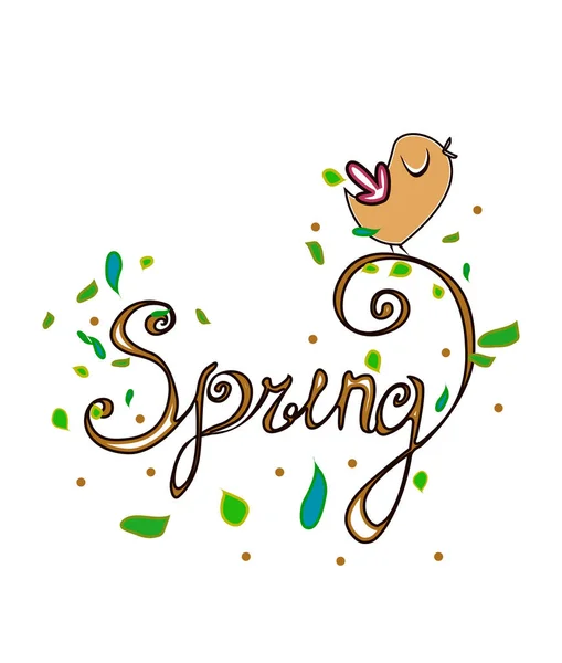 Spring Inscription Curls Bird Different Leaves White Background — Stock Vector