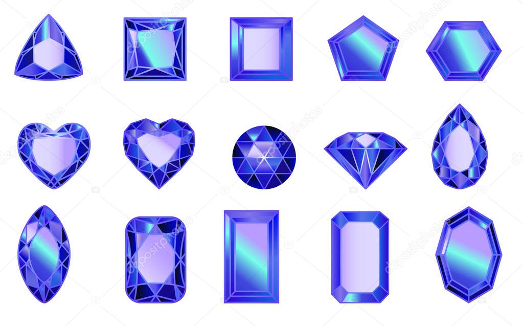 Set of diamonds of different cut shapes in Blue color.