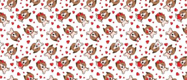 Beyaz arka planda kırmızı kalpleri olan küçük kahverengi köpekli bir desen. Staffordshire Terrier köpeği