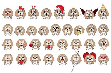 Amerikan Cocker Spaniel oturan köpek. Farklı küçük köpekler büyük kümesi. Siyah ve beyaz kukla farklı duygular ile.