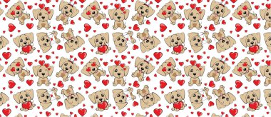 Beyaz arka planda kırmızı kalpleri olan küçük kahverengi köpekli bir desen. Arap Tazı