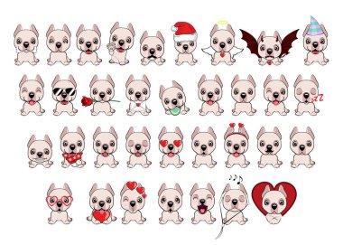 Dogo Argentino köpek düz tasarım oturuyor. 34 farklı küçük köpekler büyük kümesi. Beyaz kukla farklı duygular ile.