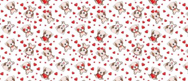 Beyaz arka planda kırmızı kalpleri olan küçük kahverengi köpekli bir desen. Bulldog - vektör çizimi. İngiliz Bulldog.