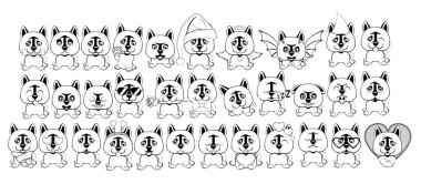 farklı duygular ve beyaz bir arka plan üzerinde siyah çizgiler ile boyanan nesneler ile küçük köpekler büyük kümesi. Köpek Amerikan Akita.