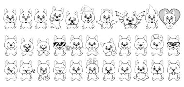 farklı duygular ve beyaz bir arka plan üzerinde siyah çizgiler ile boyanan nesneler ile küçük köpekler büyük kümesi. Akita Inu illüstrasyon oturan.