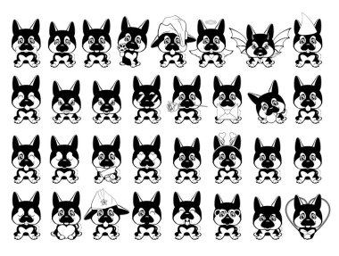 farklı duygular ve beyaz bir arka plan üzerinde siyah çizgiler ile boyanan nesneler ile küçük köpekler büyük kümesi. Alman çoban.