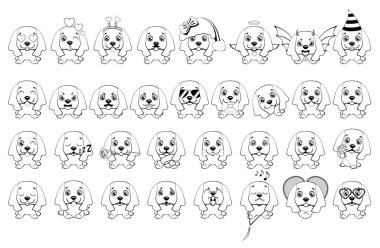 İngiliz Cocker Spaniel köpek. büyük küçük köpeklerle farklı duygular ve beyaz bir arka plan üzerinde siyah çizgiler ile boyanan nesneler kümesi.