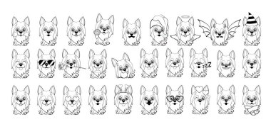 farklı duygular ve beyaz bir arka plan üzerinde siyah çizgiler ile boyanan nesneler ile küçük köpekler büyük kümesi. Köpek Avustralya ipek korkunç çizgi film.