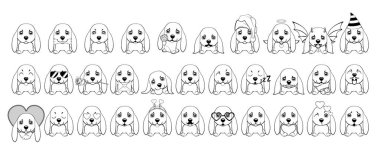 farklı duygular ve beyaz bir arka plan üzerinde siyah çizgiler ile boyanan nesneler ile küçük köpekler büyük kümesi. Basset Hound Basset köpek yavrusu