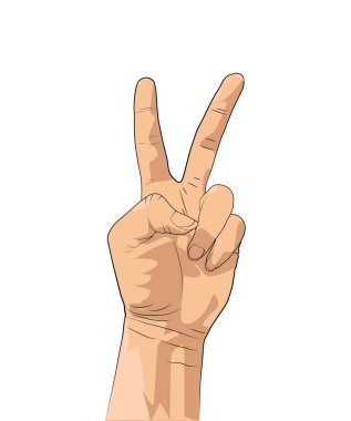 Zafer. Barış el hareketi. İki parmak kadar. Barış üye el arka plan. Vektör çizim. İki parmak gösterilen ver. V el zafer simgesi