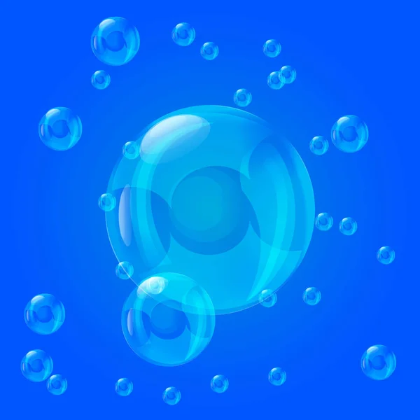 青色の背景に現実的な泡のセット — ストックベクタ