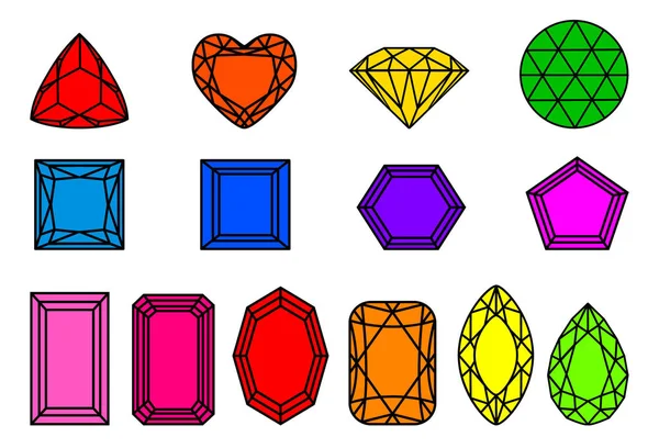 Conjunto Diferentes Tipos Diamantes Tallados Diferentes Colores Sobre Fondo Blanco — Vector de stock