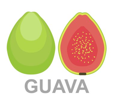 Guava simgesi tamamen ve bir kesim. Sağlıklı yaşam için yaz tropikal meyveler. Guava, bütün meyve ve yarısı. Beyaz illüstrasyon izole karikatür simge vektör.