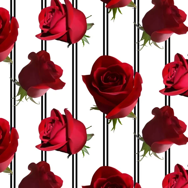 Patrón Con Rosas Rojas Con Hojas Verdes Fondo Círculo Negro — Vector de stock